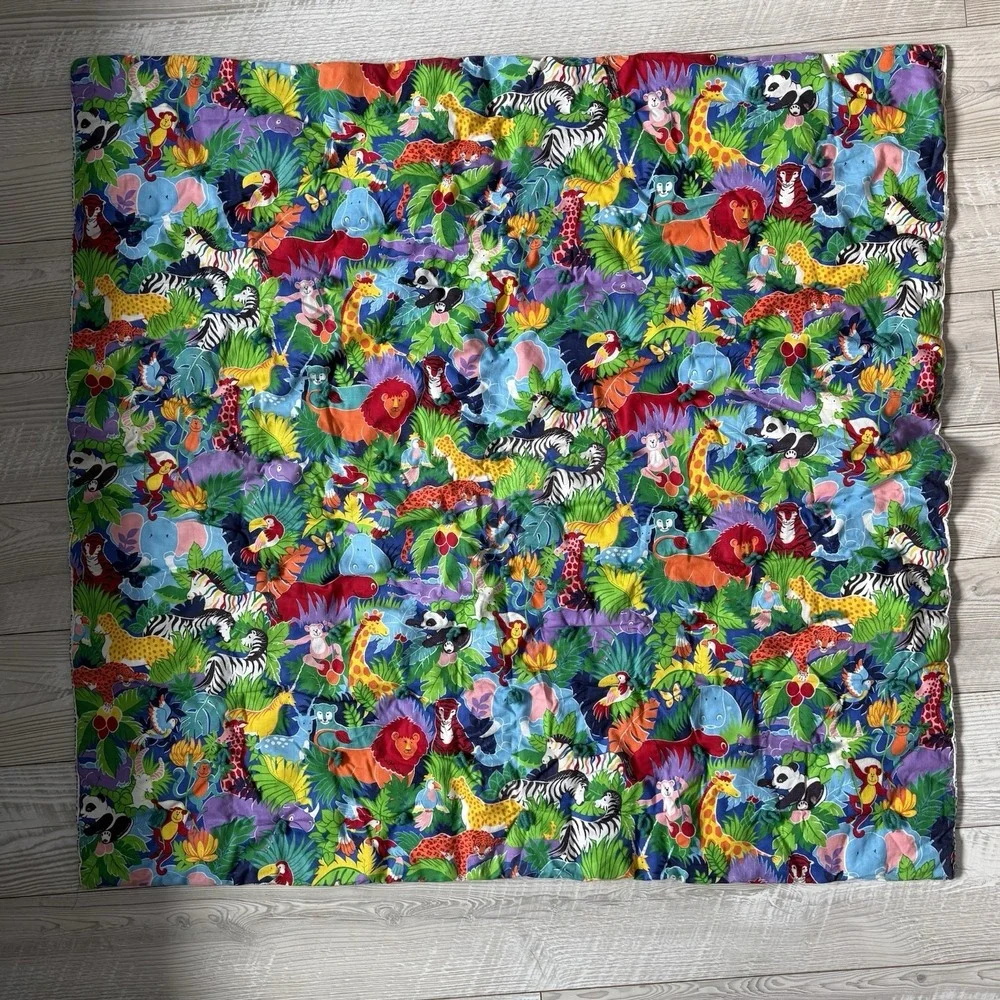 Handmade VTG Colorful Baby Quilt Animals Animal Print Hand Tied Cheetah Leopard